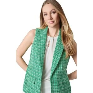 Kasper Sleeveless Blazer Statement Vest NEW Green Tweed Open Front Layering